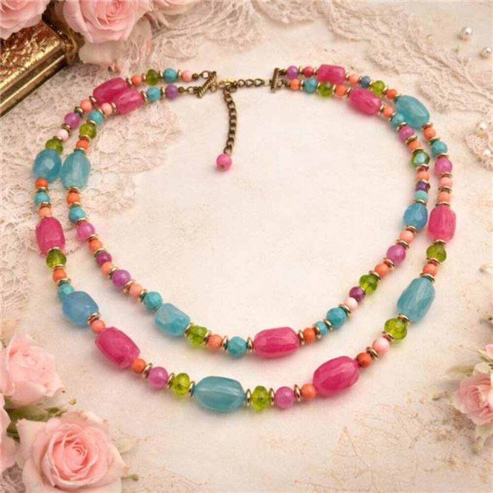 Vintage Fruit Salad Lucite Bead Necklace Double Strand Layered Pastel 22 in Adj.